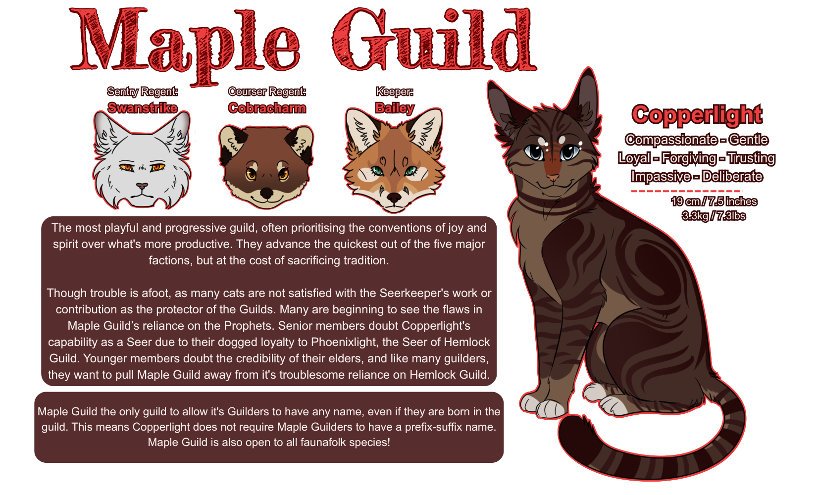 Information for Maple Guild which shows their high ranks. Maple Guild the only guild to allow it's Guilders to have any name, even if they are born in the guild. This means Copperlight does not require Maple Guilders to have a prefix-suffix name. Maple Gui
